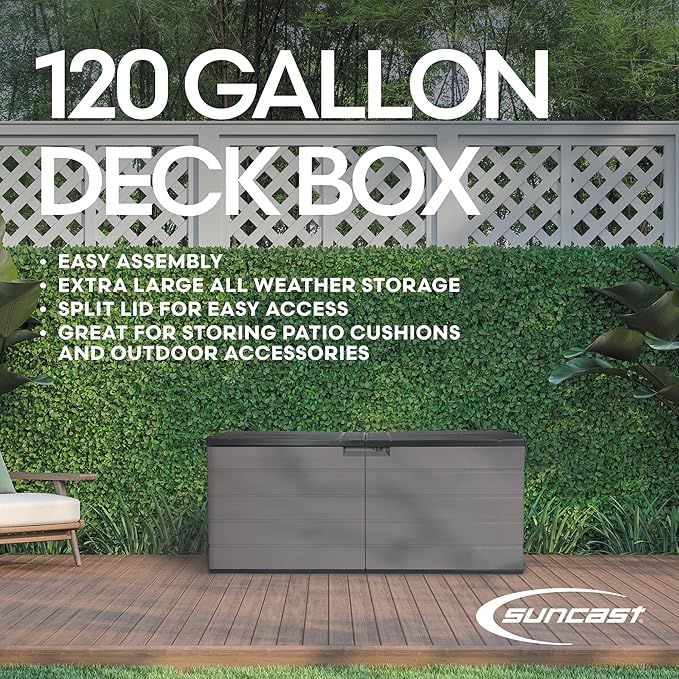 Suncast 120-Gal. All-Weather Patio Deck Box with Pad-Lockable Split Top Lid, Extra-Large Outdoor Storage Unit for Patio Furniture and Grill Tools, Made in the USA-DeskLoop Office