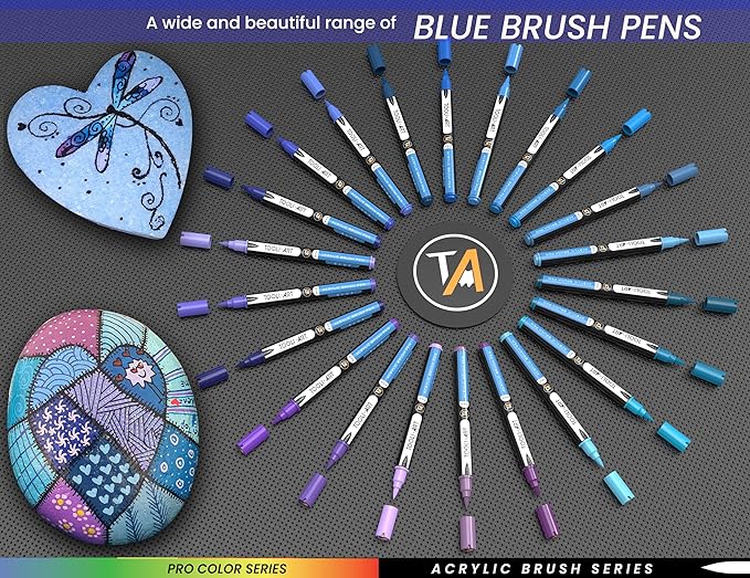 22 Flexible Brush Tip Acrylic Paint Pens Markers Set 1-7mm Line for Rock Painting, Brush Lettering, Glass, Mugs, Wood, Metal, Canvas, Fabric, Plastic. Non Toxic Waterbased Quick Drying Assorted Blue-DeskLoop Office