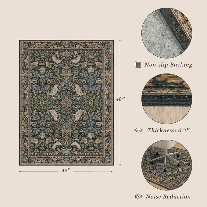 3x4 Green Office Chair Mat for Hard Wood & Tile Floor, Boho Low Pile Carpet - Image 2