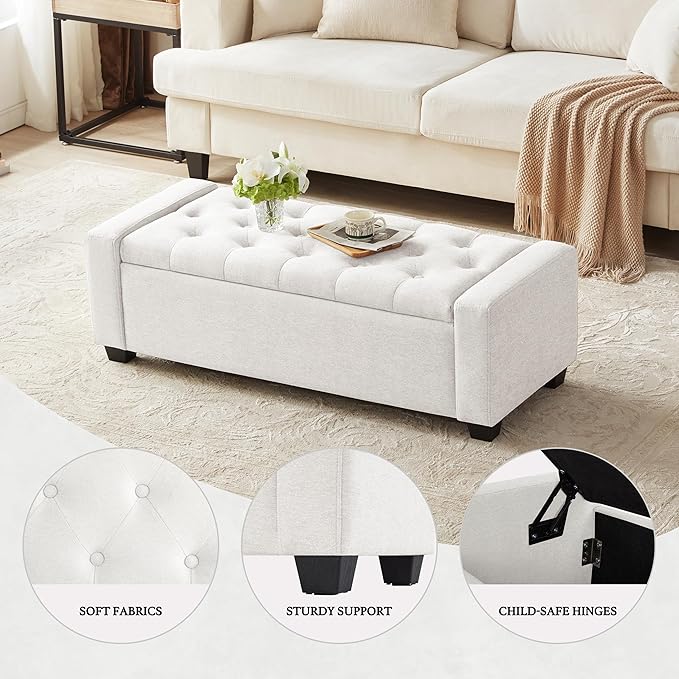 48" Ottoman with Storage, White Storage Ottoman Bench with Safety Hinge, Upholstered Entryway Bench with Seating for Bedroom, Living Room, Holds up to 330 lb-DeskLoop Office