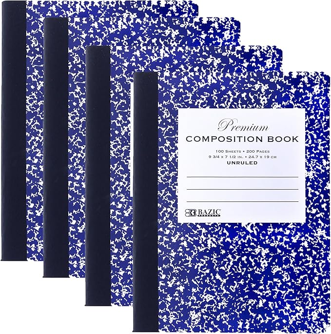 BAZIC Composition Book Black Marble Unruled Ruled 100 Sheet Notebook, Blank Page Journal Comp Notebooks for School, 4-Pack-DeskLoop Office