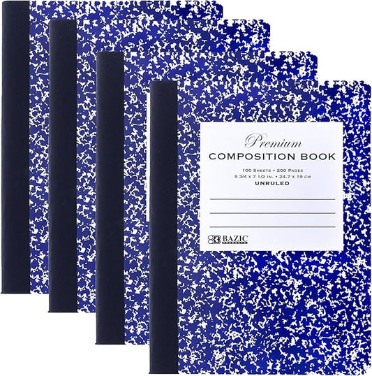 BAZIC Composition Book Black Marble Unruled Ruled 100 Sheet Notebook, Blank Page Journal Comp Notebooks for School, 4-Pack-DeskLoop Office