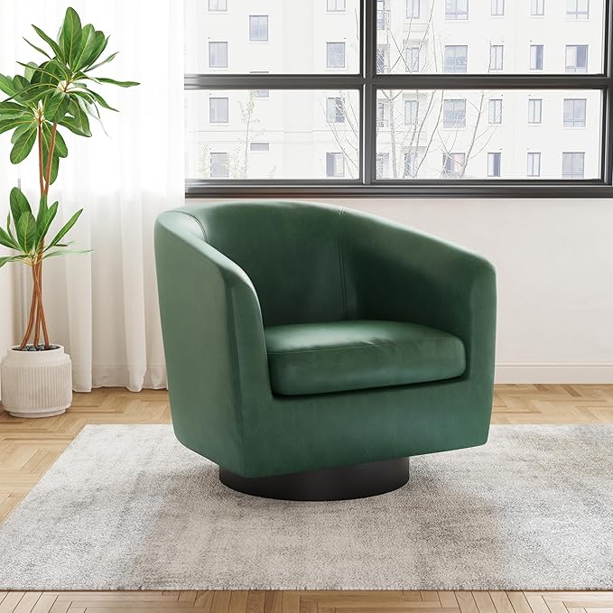 UIXE Faux Leather Swivel Accent Chair with Wood Base, Modern Upholstered Barrel Chairs for Living Room, Comfy Round Armchair Single Sofa Bedroom Reading Seat - 31" W, Green-DeskLoop Office