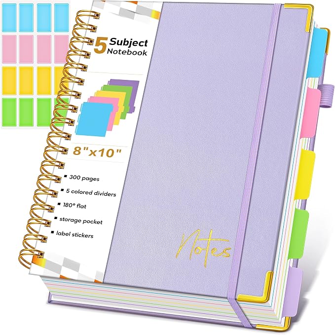 5 Subject Dotted Notebook with Removable Dividers Tabs, 300 Pages Hardcover by Unknown