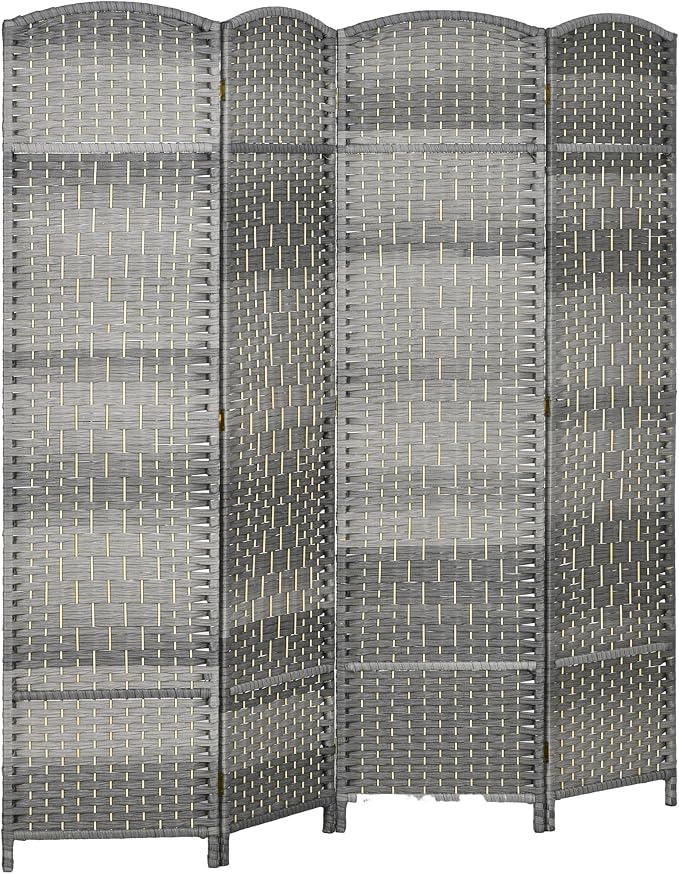 HOMCOM 4 Panel Room Divider, Hand-Woven Freestanding Wood Partition by HOMCOM