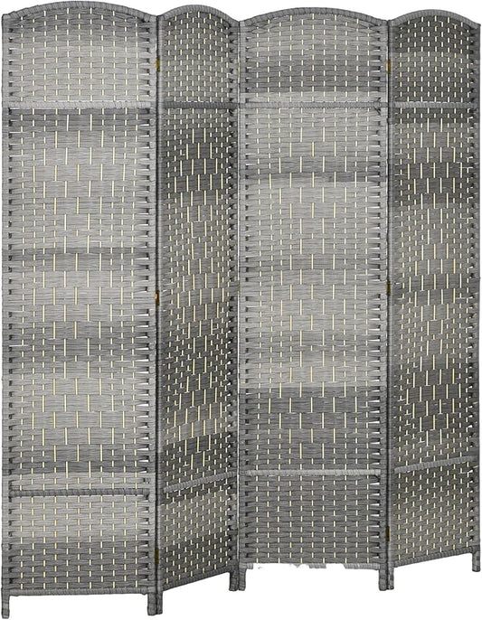 HOMCOM 4 Panel Room Divider, Hand-Woven Freestanding Wood Partition by HOMCOM