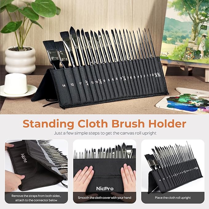 Nicpro 24pcs Watercolor Brushes Professional, Soft Synthetic Squirrel Hair Watercolor Brush Set with Cloth Roll, Round, Liner, Flat, Filbert, Dagger, Cat Tongue for Water Color Gouache Inks Painting-DeskLoop Office