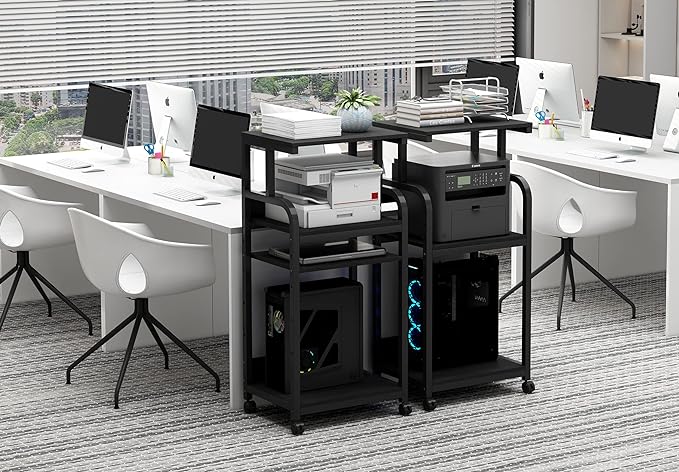 Printer Stand with Adjustable Shelf, 4 Tier Large Tall Printer Table with Wheels for Home Office Storage and Organization, Rolling Stand Cart for Computer Tower CPU Shredder, Black-DeskLoop Office