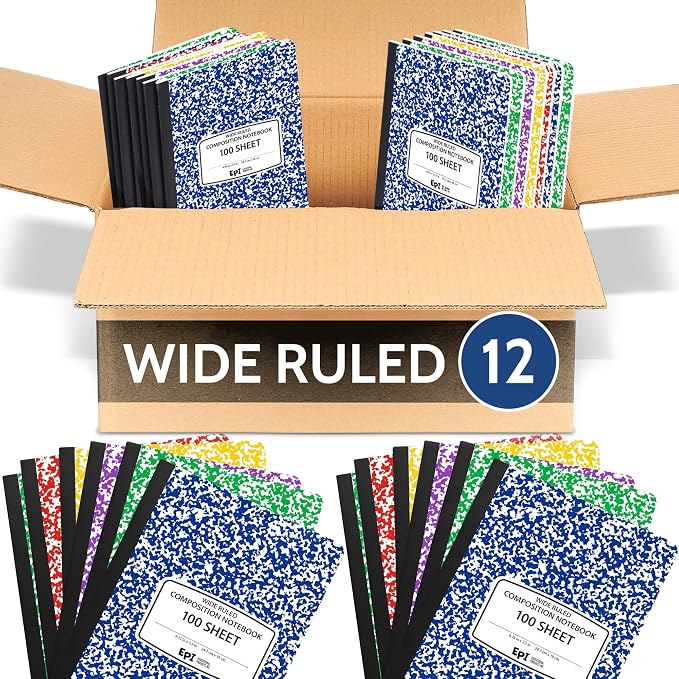 12 Pack - EPI Wide Ruled Composition Notebook Assorted Marble Colors - 200 Pages by EPI