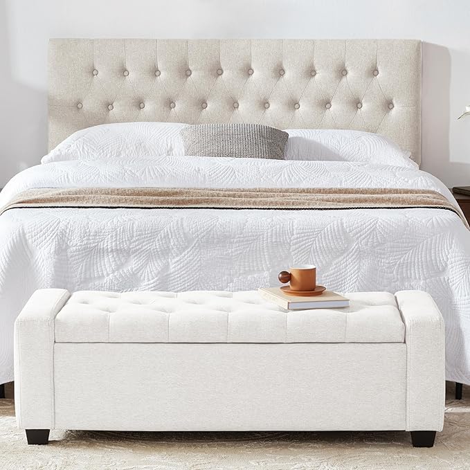 48" Ottoman with Storage, White Storage Ottoman Bench with Safety Hinge, Upholstered Entryway Bench with Seating for Bedroom, Living Room, Holds up to 330 lb-DeskLoop Office