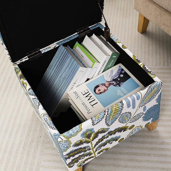 Adeco 18 Inch High Cube Ottoman Storage, Linen Chair Foot Stools, Upholstered Vanity Stool with Hinged Lid, Solid Wood Legs (Blue Leaves)-DeskLoop Office