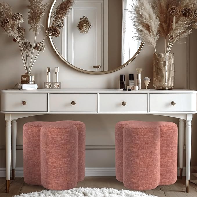 HomePop Upholstered Clover Shaped Ottoman Home Décor|Foot Rest Ottoman - Pink Chenille-DeskLoop Office