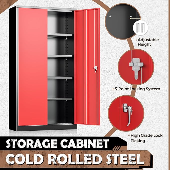 INTERGREAT Metal Lockable Storage Cabinet, 72” H Storage Cabinet with 2 Doors and 4 Adjustable Shelves for Office, Home, Garage, Pantry (Assembly Required, 18”D, Black Red)-DeskLoop Office