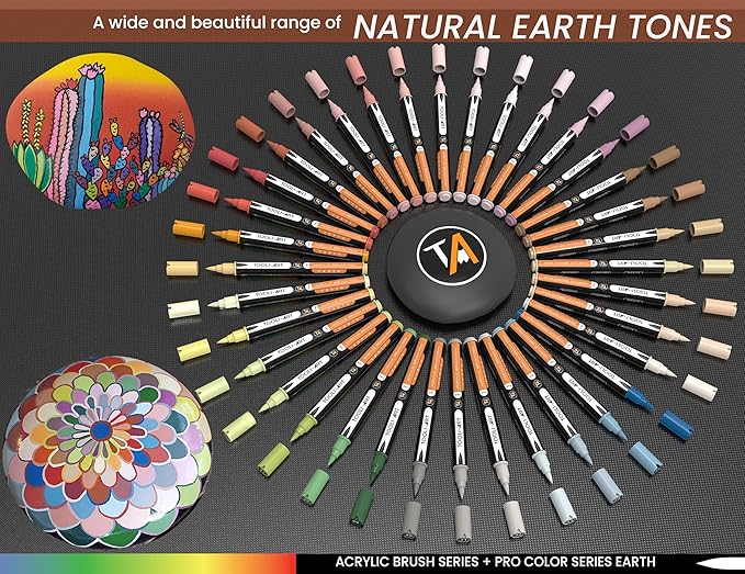 36 Flexible Brush Tip Earth Tones Acrylic Paint Pens Markers Set 1-7mm Line for Rock Painting, Brush Lettering, Glass, Mugs, Wood, Metal, Canvas, Fabric, Plastic. Non Toxic Waterbased Quick Drying-DeskLoop Office