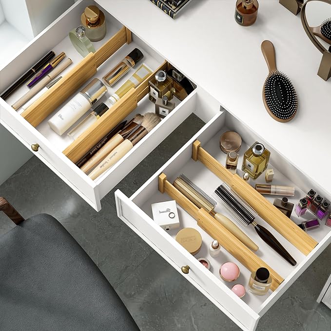 BAMEOS 4 PCS Bamboo Drawer Divider Adjustable Drawer Dividers Kitchen Drawer Organization Utensil Organizers for Kitchen Dresser Bathroom Bedroom and Office-DeskLoop Office