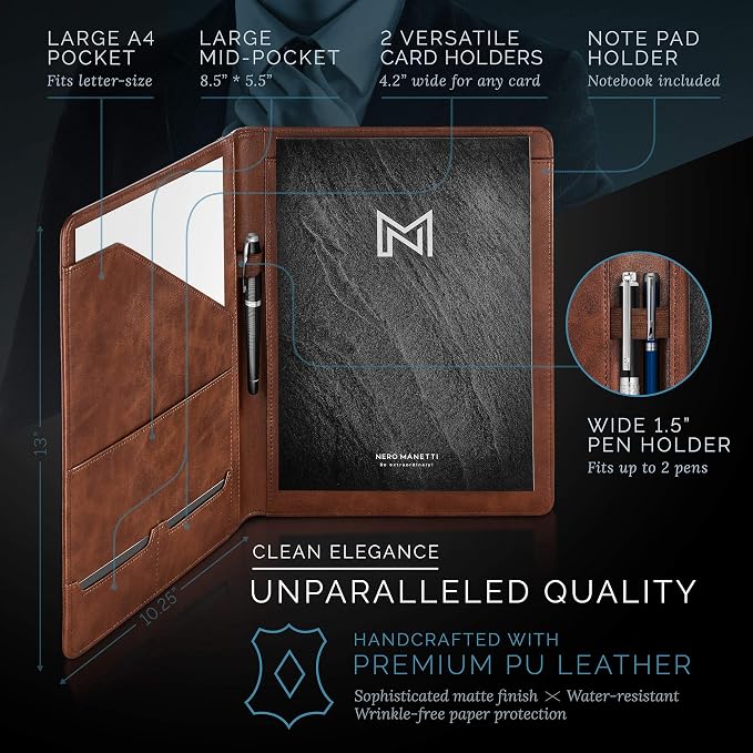 Nero Manetti - Leather Portfolio Folder - Business PU Leather Notepad Holder - Image 7