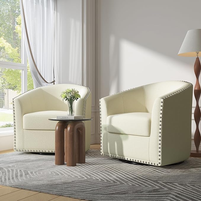 UIXE 360° Swivel Barrel Accent Chair Set of 2, Modern Upholstered Arm Chair Round Club Armchair, Nailhead Trim Single Sofa Seating in Fabric for Living Room - White-DeskLoop Office