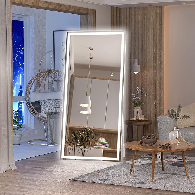 Hasipu Full Length Mirror with Lights, 71" x 32" LED Lighted Floor Standing, Full Body Dressing Hanging Mounted Mirror, Dimmable, Tempered Glass, Safe to Use, Square White-DeskLoop Office