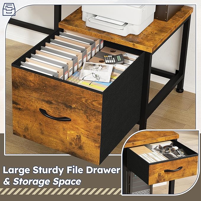 L Shaped Computer Desk with Drawers, Gaming Desk with LED Lights & Monitor Shelf, Office Desks with Power Outlets, Corner Desks for Home Office, Study Room and Bedroom, Rustic Brown-DeskLoop Office