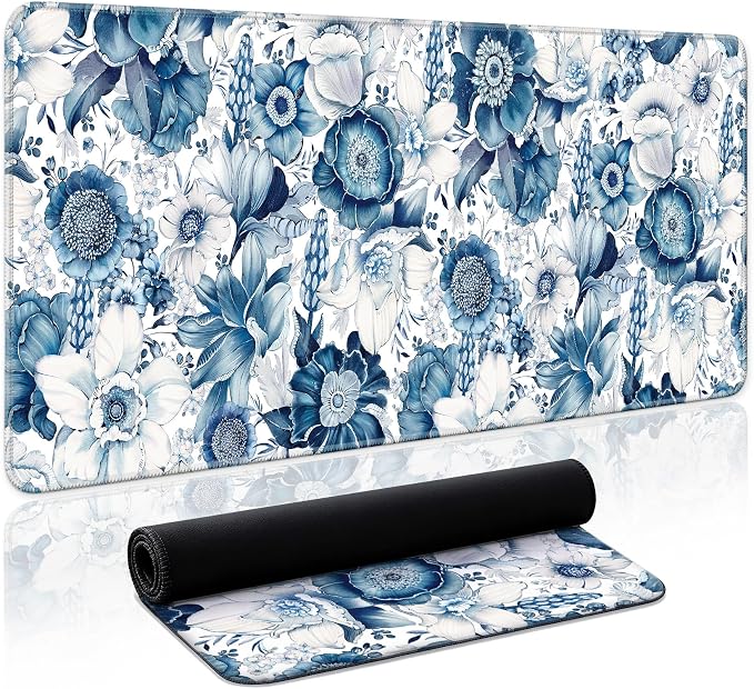Aesthetic Desk Mat, Cute Blue Floral Desk Pad Protector by Zotia