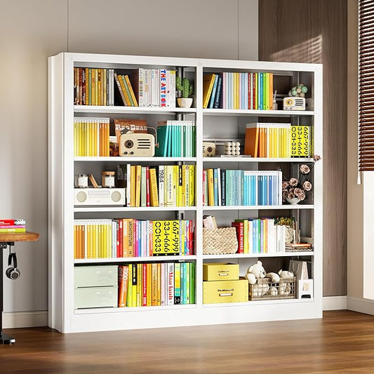 5-Tier Bookcase with Adjustable Storage Shelves, Metal Bookshelf with Book Stopper, Bookcase Shelf for Library, Office, Living Room (White-2)-DeskLoop Office