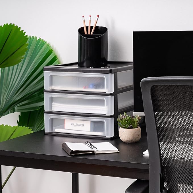 IRIS USA Plastic Stacking Desk Top 3-Drawer Storage Organizer, 1-Pack, for Makeup Vanity Nail Polish Bathroom Stationery Art Craft Supplies Kitchen Office Garage and Small Organization, Medium, Black-DeskLoop Office