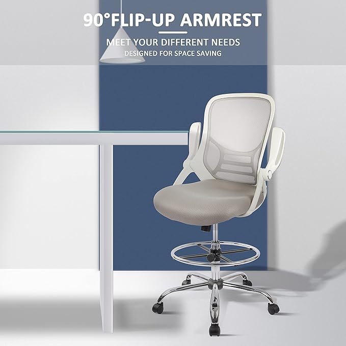 HYLONE Drafting Chair, Tall Office Chair Standing Desk Stool with Adjustable Foot Ring, Flip-Up Arms, Mesh High-Back Drafting Table Chair, White & Grey-DeskLoop Office