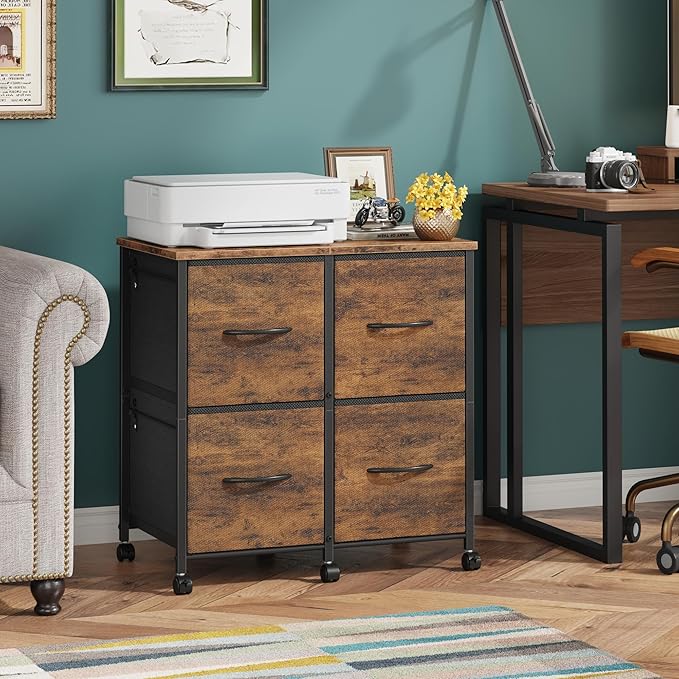 4 Drawer Lateral File Cabinet, Mobile Filing Cabinet for Large Printer, Home Office Functional Small Office Storage Cabinet & Printer Stand, Fabric Drawer, Fits Letter/A4, Rustic Brown-DeskLoop Office