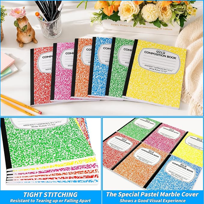 24 Pack 9.75 x 7.5 in Large Composition Notebooks Bulk 6 Color Wide Ruled - Image 4