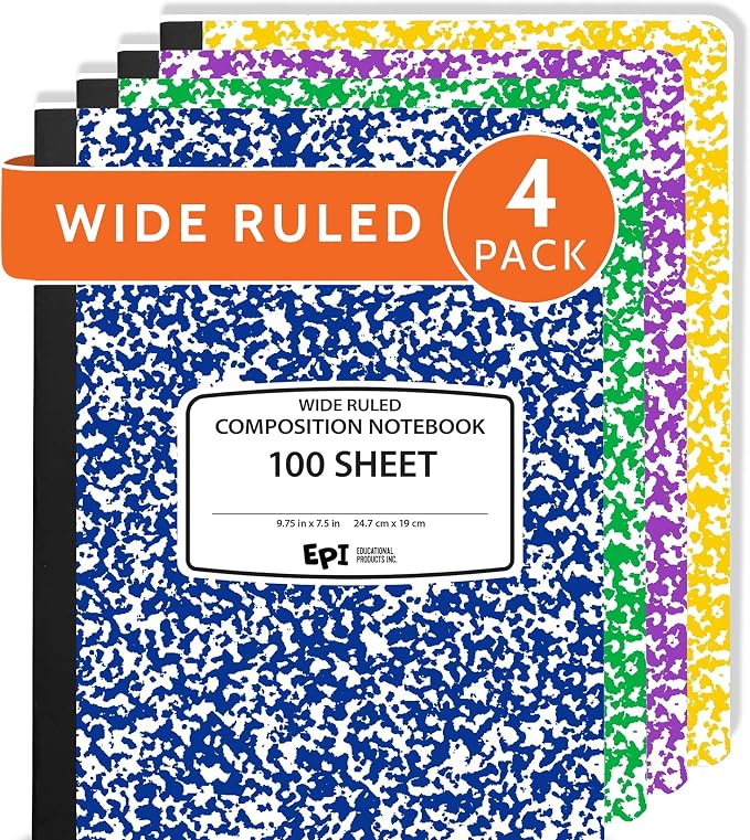 4 Pack - EPI Wide Ruled Composition Notebook Assorted Marble Colors - 200 Pages by EPI