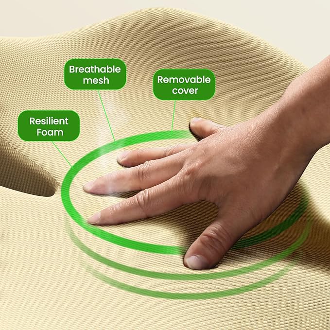 Benazcap Large Seat Cushion for Office Chair Memory Foam Coccyx Pain Relief Cushion Pillow for Back Support Non-Slip Seat Pad for Office Desk, Car Seat, Wheelchair, Sciatica-Beige-DeskLoop Office