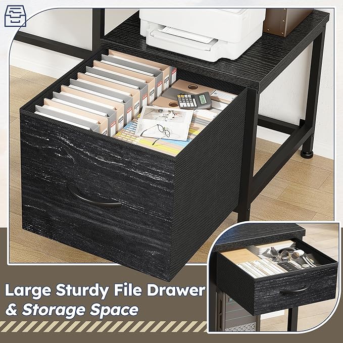 L Shaped Computer Desk with Drawers, Gaming Desk with LED Lights & Monitor Shelf, Office Desks with Power Outlets, Corner Desks for Home Office, Study Room and Bedroom, Black-DeskLoop Office