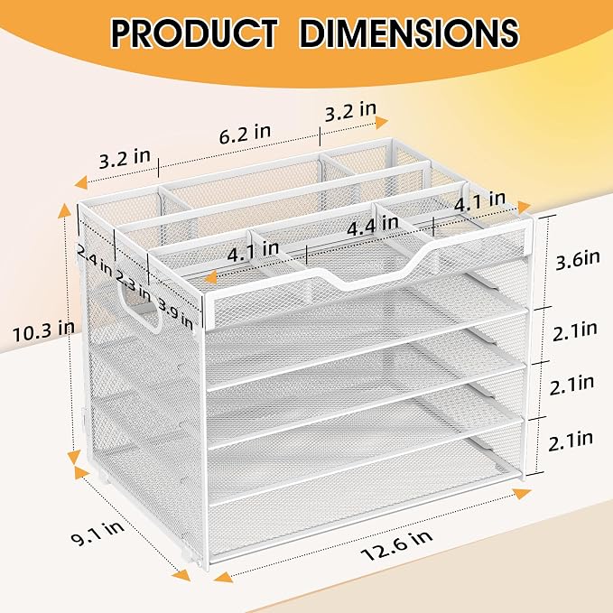 5 Tier Paper Letter Tray with 3 Drop-in Pen Holders, Mesh Desk File Organizer - Image 2