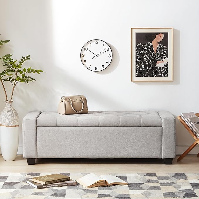 48" Ottoman with Storage, Storage Ottoman Bench with Safety Hinge, Upholstered Entryway Bench with Seating for Bedroom, Living Room, Holds up to 330 lb(Light Gray)-DeskLoop Office