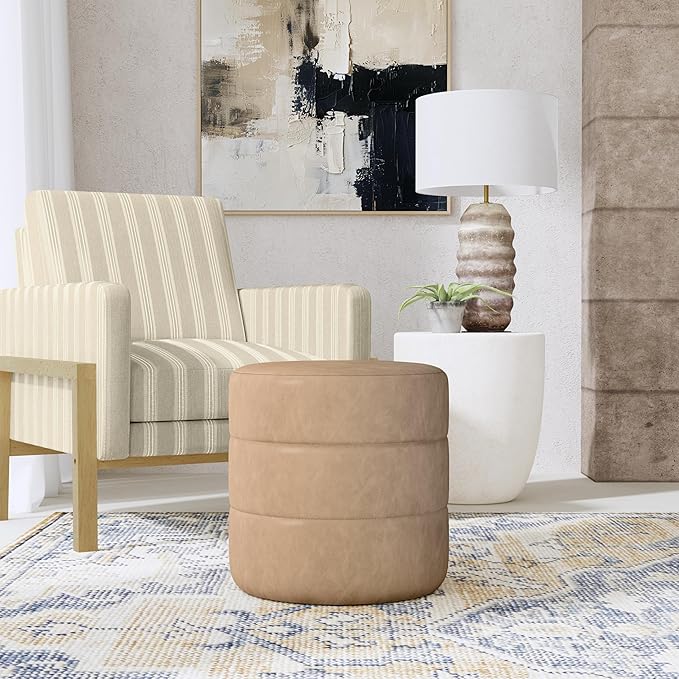 HomePop Upholstered Faux Leather Round Ottoman Home Décor|Foot Rest Ottoman- Sand Faux Leather-DeskLoop Office