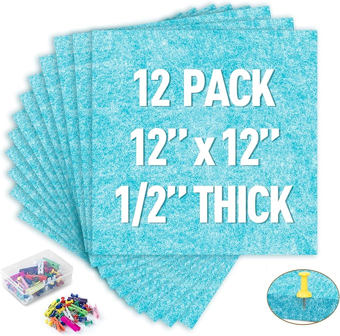AKTOP Cork Bulletin Board 12x12, 1/2" Thick Felt Cork Board Tiles 12 Pack, Small Square Pin Board for Wall, Self Adhesive Corkboards with 120 Push Pin Wood Clips for School, Home & Office, Baby Blue-DeskLoop Office