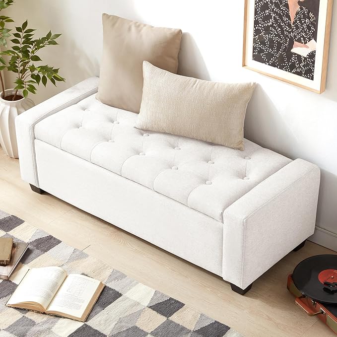 48" Ottoman with Storage, White Storage Ottoman Bench with Safety Hinge, Upholstered Entryway Bench with Seating for Bedroom, Living Room, Holds up to 330 lb-DeskLoop Office