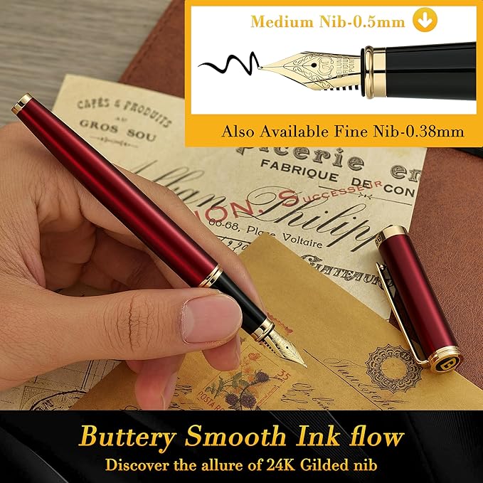 BEILUNER Red Fountain Pen,Stunning Luxury,24K Gilded Nib(Medium),Gorgeous 24K Gold Finish, Ink Converter,Trustworthy Pen Gift for Men&Women-Elegant,Fancy,Executive,Calligraphy, Nice Pens for Writing-DeskLoop Office