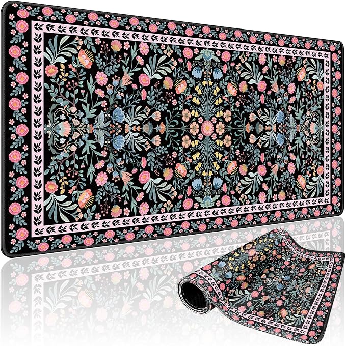 Black Floral Desk Mat, 31.5"x15.7" Large Mouse Pad, Anti-Slip Rubber Base by Mcapirivo