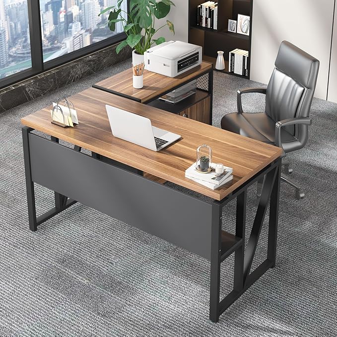 Tribesigns 55" Executive Desk with Reversible File Cabinet, Large L-Shaped Office Desk with Drawers, Business Furniture Workstation for Home Office (Dark Walnut, 55-inch)-DeskLoop Office