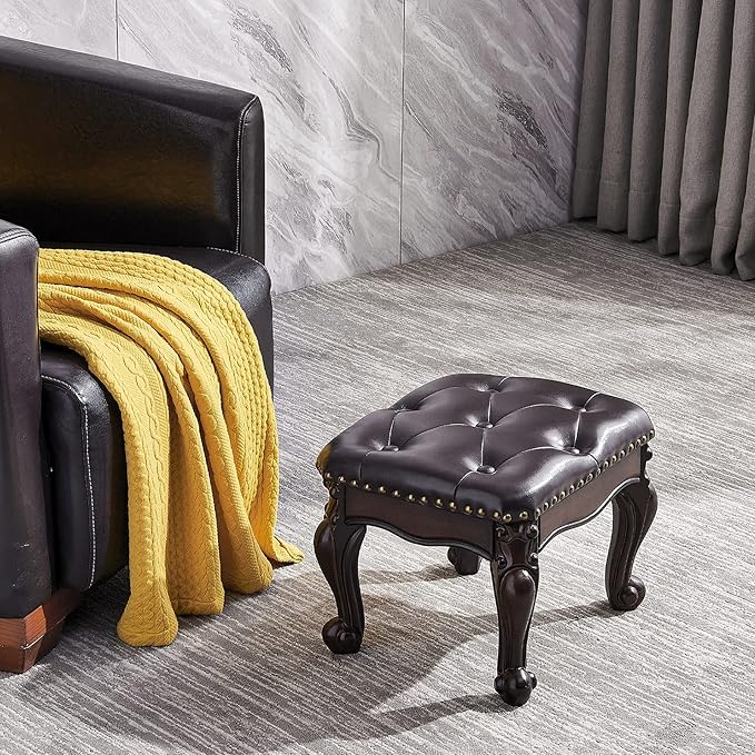 Foot Stool Ottoman Foot Rest Microfiber Leather Upholstered Footstool for Sofa, Living Room, Entryway, Solid Wood Stool (Dark Brown)-DeskLoop Office