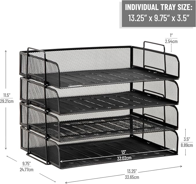 Mind Reader Stackable Paper Tray, Desktop Organizer, File Storage, Metal Mesh - Image 3