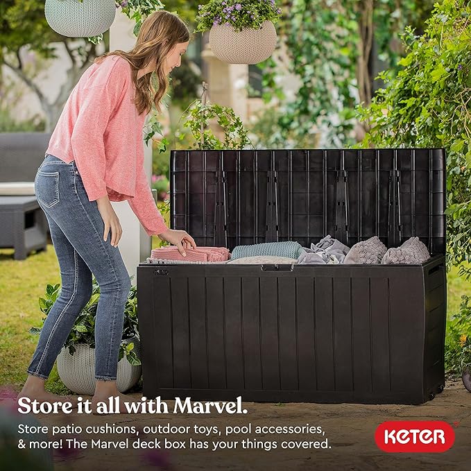 Keter Marvel Plus 71 Gallon Resin Outdoor Storage Box for Patio Furniture Cushions, Throw Pillows, Garden Tools and Pool Floats, Brown-DeskLoop Office