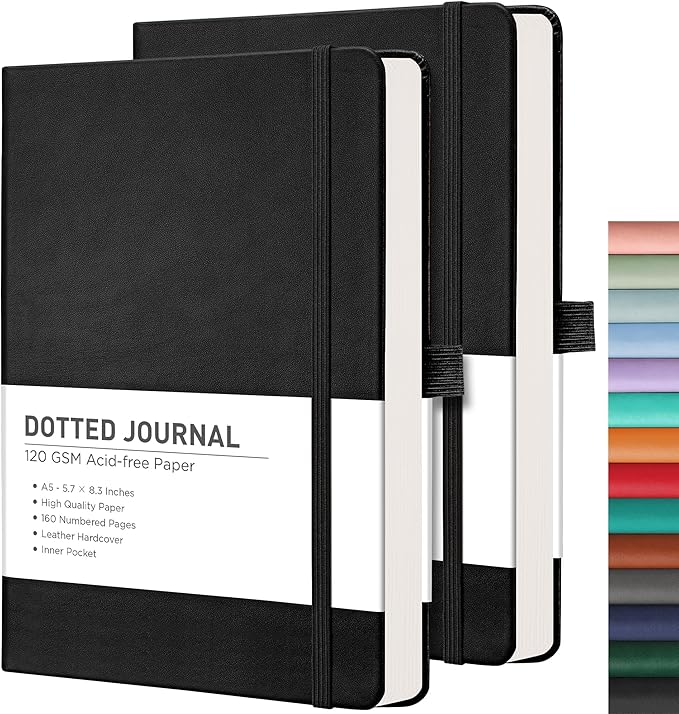 RETTACY Bullet Dotted Journal Notebook, 2-Pack, 160 Numbered Pages per Pack, A5 Medium Size (5.7'' x 8.3''), 120 GSM Thick Paper, Leather Hardcover, for Bullet Journaling (Black & Black)-DeskLoop Office