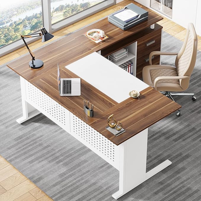 Tribesigns 63 Inch Executive Desk with File Cabinet, L Shaped Office Desk with Drawers and Storage Shelves, Business Furniture Set Workstation for Home Office, White and Walnut-DeskLoop Office