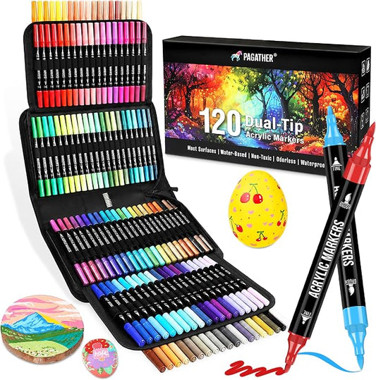 120 Colors Acrylic Paint Markers, Dual Tip Fine and Brush Tips Pens Contain 24 by Pagather