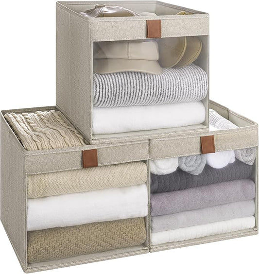 StorageWorks 11x11 Storage Cubes, Closet Storage Bins with Clear Window, Fabric Organizer for Clothes, Collapsible Storage Baskets with PU Handles, Brown and Beige, 3-Pack-DeskLoop Office