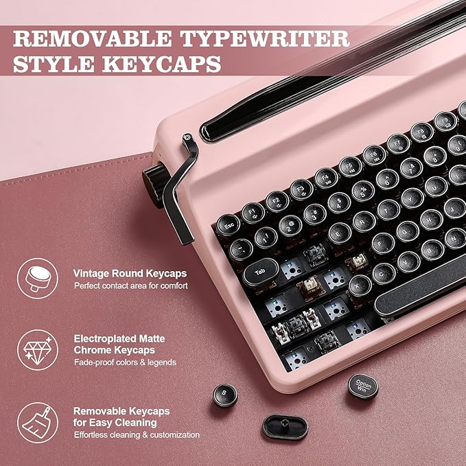 YUNZII QL75 Wireless Typewriter Hot Swap Retro Mechanical Keyboard,Punk Round Keycaps,RGB Backlit QMK/VIA Programmable,Multi-Device Keyboard with 2.4GHz/Type-C/BT5.0 (Pink, Cocoa Cream V2 Switch)-DeskLoop Office