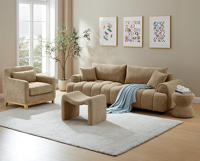 Modern Boucle Ottoman, Vanity Stool Chair, Foot Stool with Wooden Legs Sofa Bench Footstool Extra Seat for Vanity, Makeup Room, Living Room, Entryway, Set 2, White-DeskLoop Office