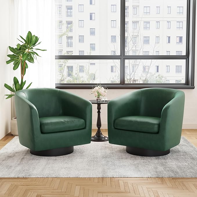 UIXE Faux Leather Swivel Accent Chairs Set of 2, Modern Upholstered Barrel Chairs for Living Room, Comfy Round Armchair Single Sofa Bedroom Reading Seat - 31" W, Green-DeskLoop Office